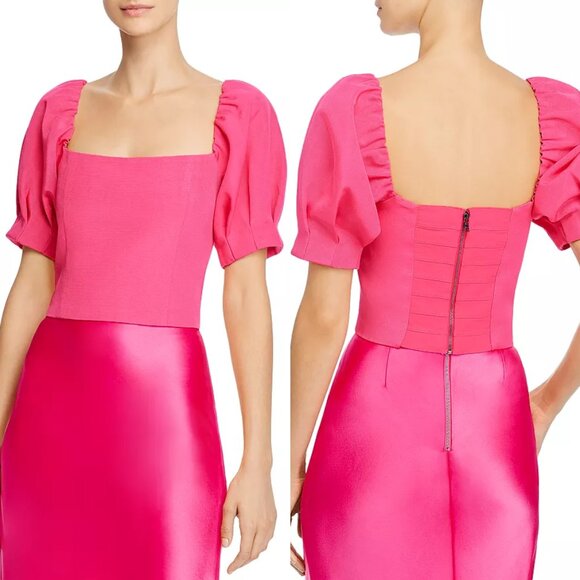 Alice + Olivia Joslyn Puff Sleeve Cropped Top in Wild Pink Size 4 Barbie $295 - Picture 1 of 16